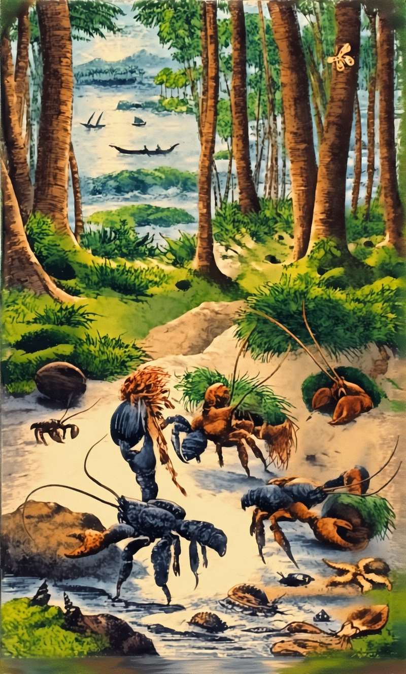Insects and a bird on a tree branch.