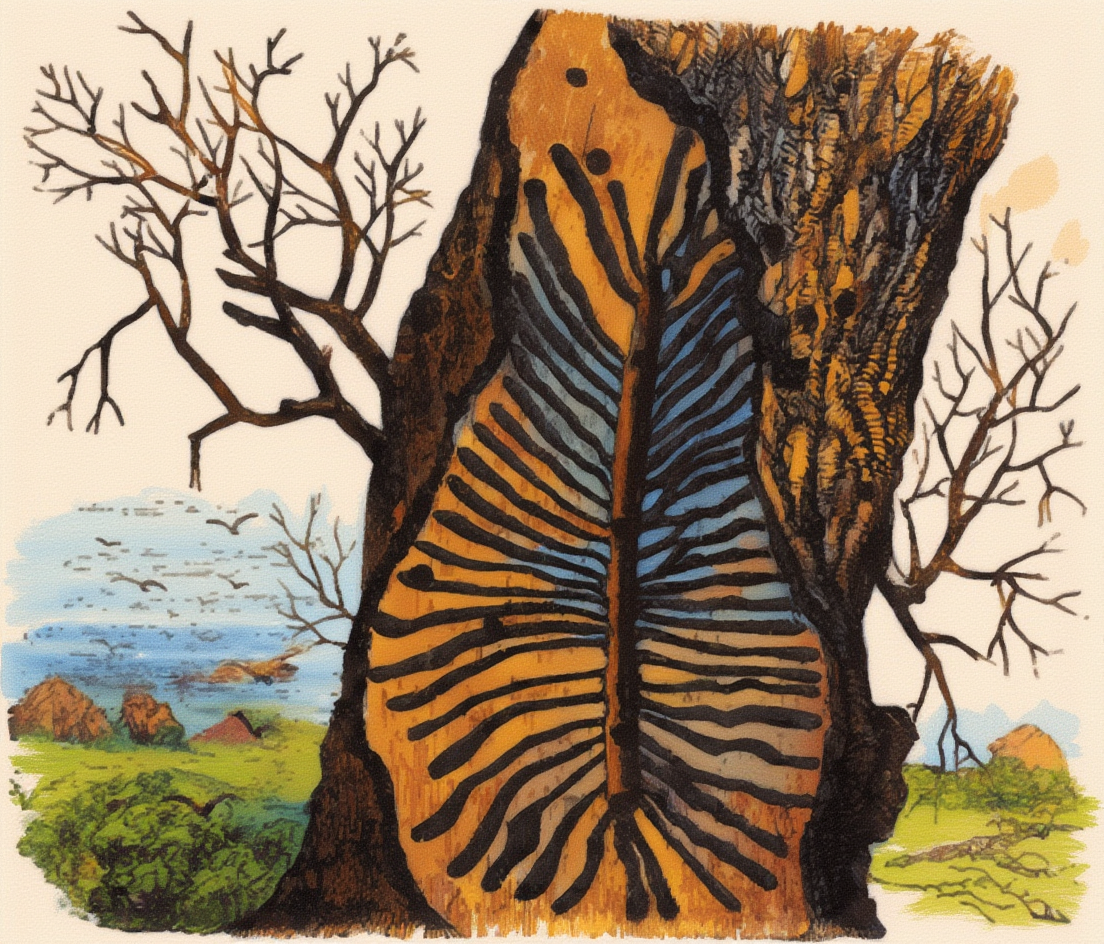 Colour interpretation of the book’s bark-beetle plate, showing a central passage with many radiating tunnels exposed beneath bark.