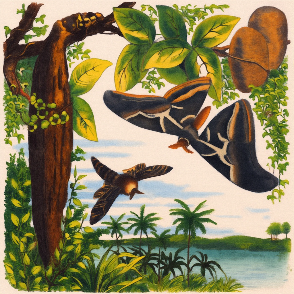 Colour-remastered composite engraving: house-builder moth and hanging cases at the left-hand tree, with a large Atlas moth and its oval cocoons on the right. Colour is interpretive.
