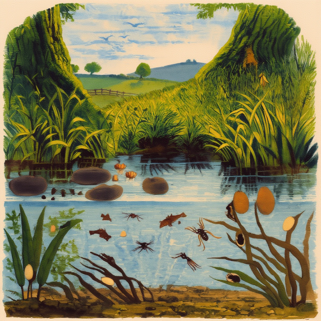 The colour-remastered water-spider plate places the silk cells among submerged plants. Colour is a modern interpretation of the book’s illustration, not a diagram of gas exchange.