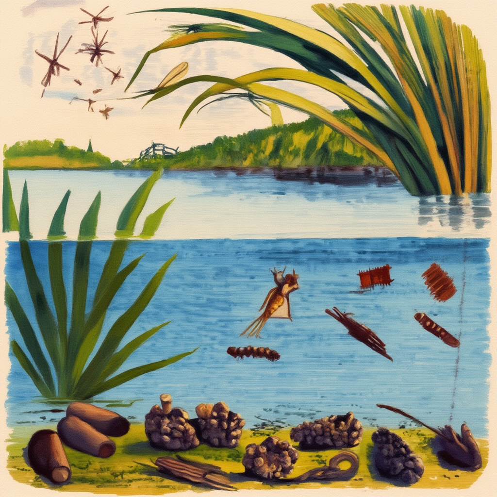 Colour-remastered engraving of caddis flies over a pond and several differently shaped larval cases beneath the water, including stick, shell and granular cases. Colour is interpretive.