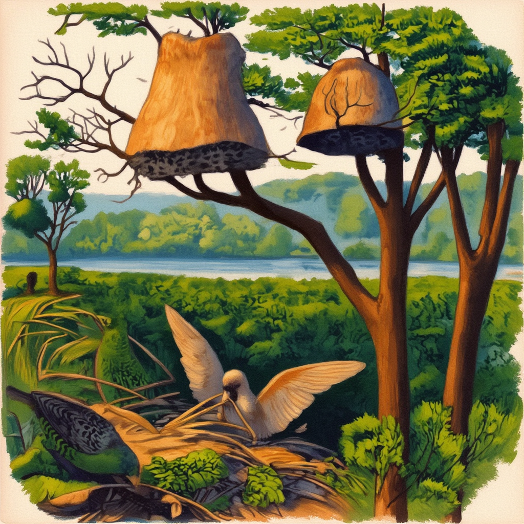 Colour-remastered engraving of large sociable-weaver nesting structures held in tree branches, with multiple separate openings visible underneath. Colour is interpretive.
