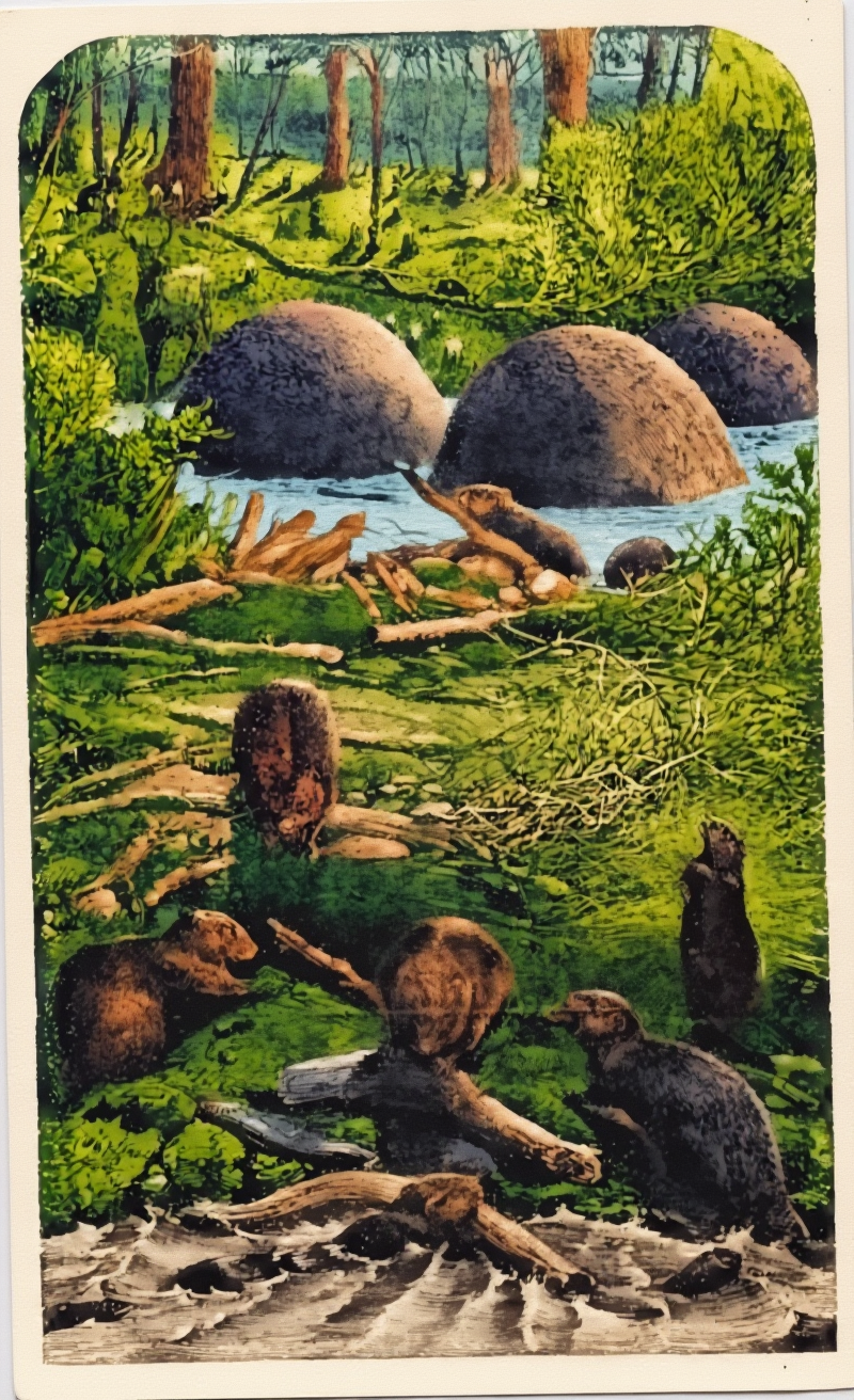 Wood’s beaver plate places the animals, worked timber, water and rounded dwellings in one scene. The dam and lodge have different roles; this historical illustration is not a technical construction drawing.