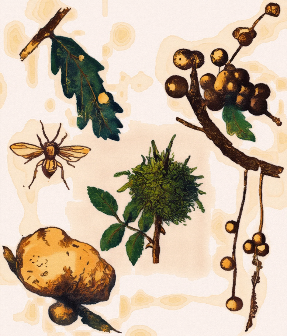 Colour interpretation of the British-gall plate: small round oak galls, clustered twig galls, a moss-like rose bedeguar near the centre and a larger oak apple below.