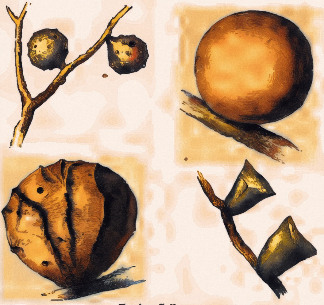 Colour interpretation of the foreign-gall plate, with round twig galls at top left, a large round gall at top right, a ridged gall below left and angular horned forms below right.