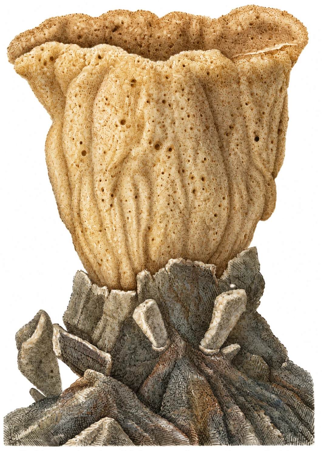 Sponge with open pores pictured attached to a rocky base, Fig. 9; modern remastered colour.