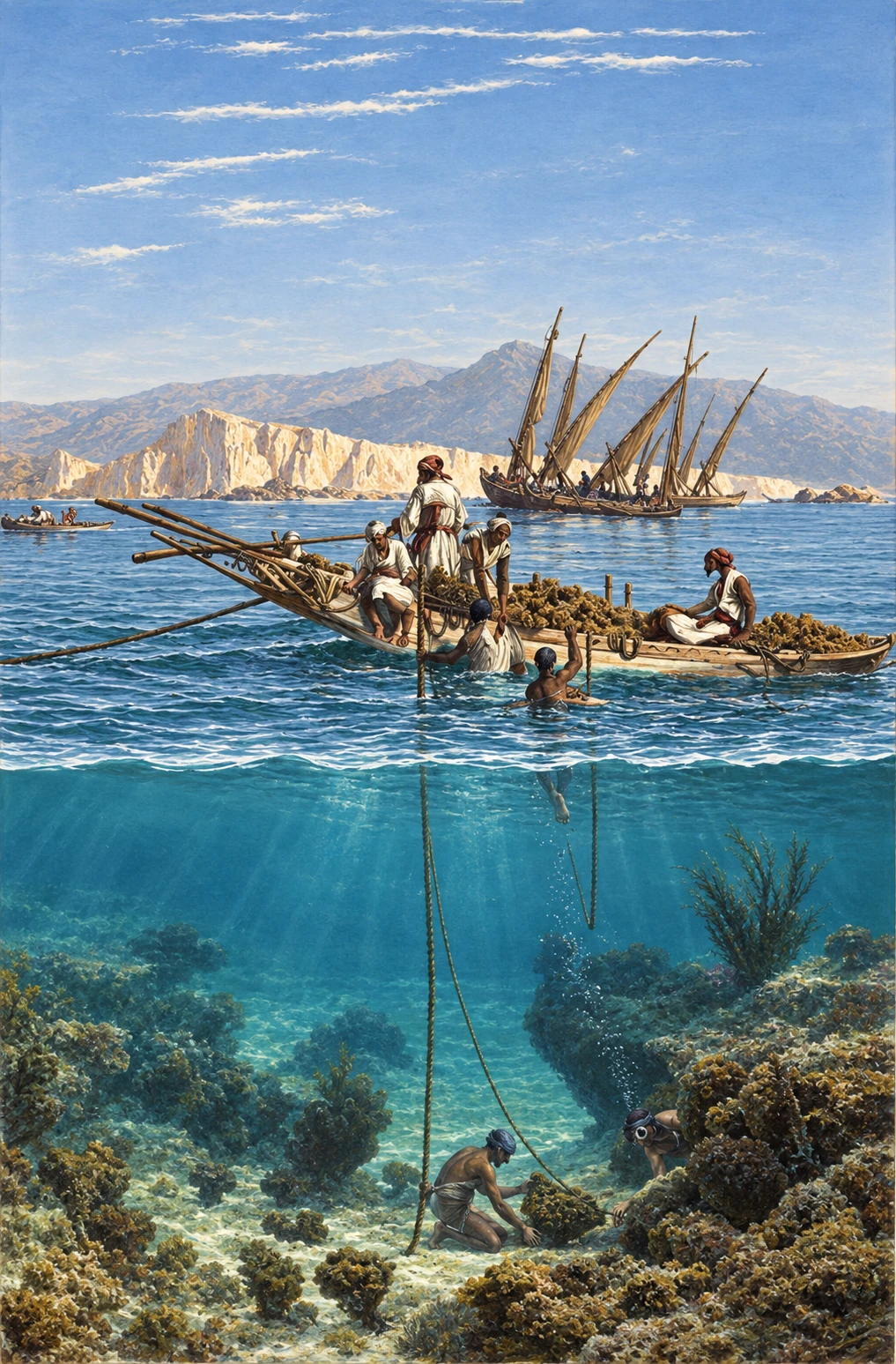 Coastal sponge-fishing scene with boats and underwater harvesting activity, Plate I; modern remastered colour.