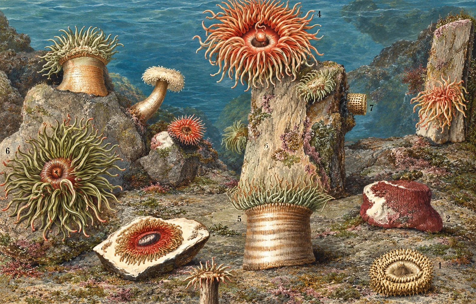 Colour-remastered Plate V: a rocky scene with varied sea anemones; modern colour is interpretive.