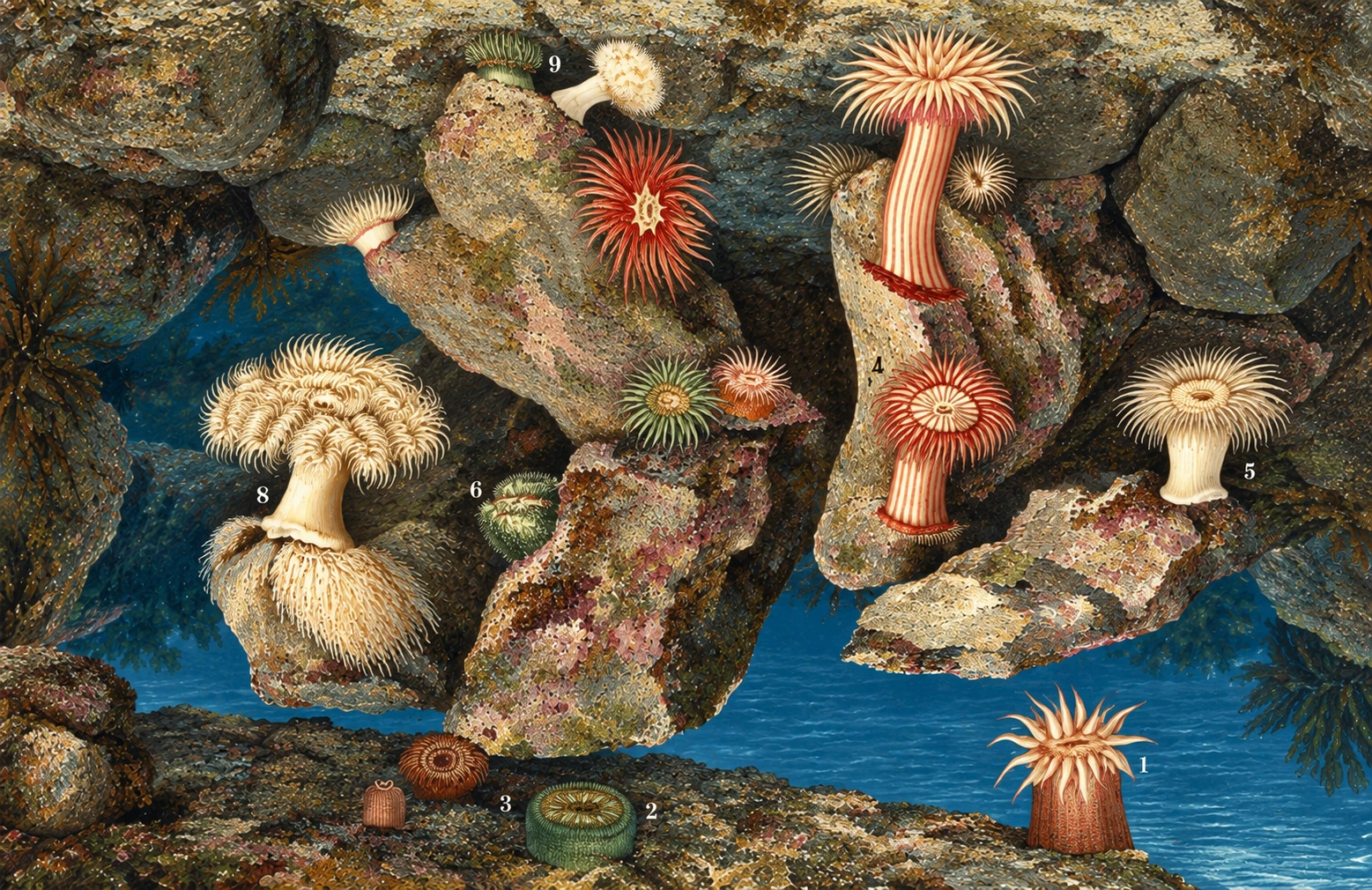 Colour-remastered Plate VI showing varied sea anemones in a rocky aquarium-like scene.