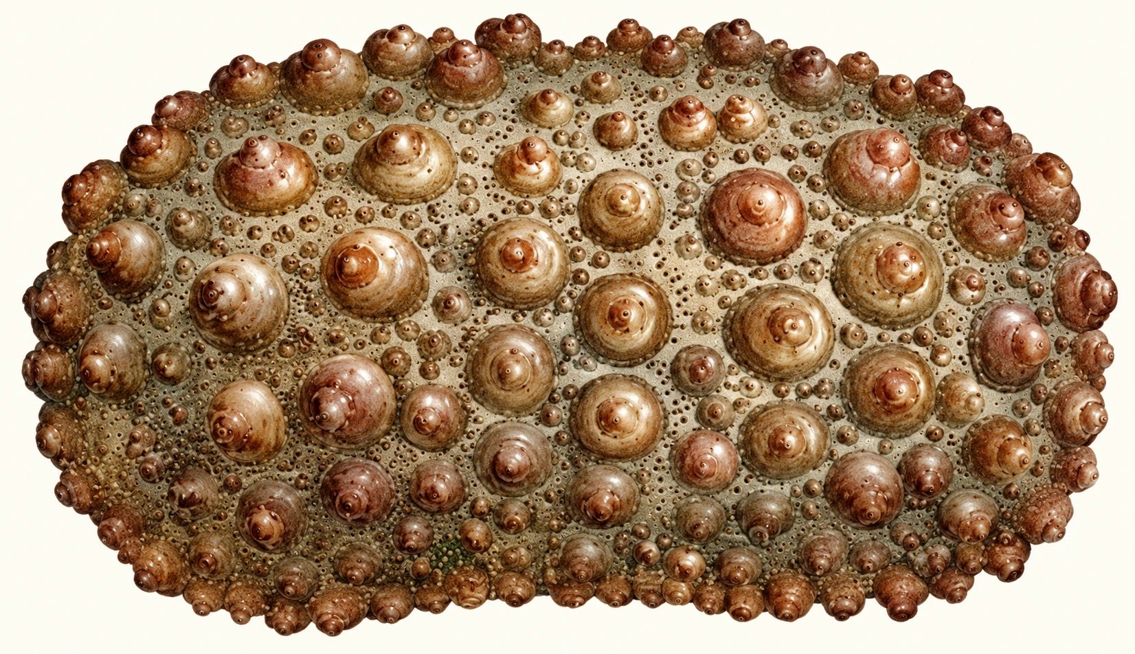 Oval sea-urchin shell without spines, showing rows of raised bumps; modern remastered colour.