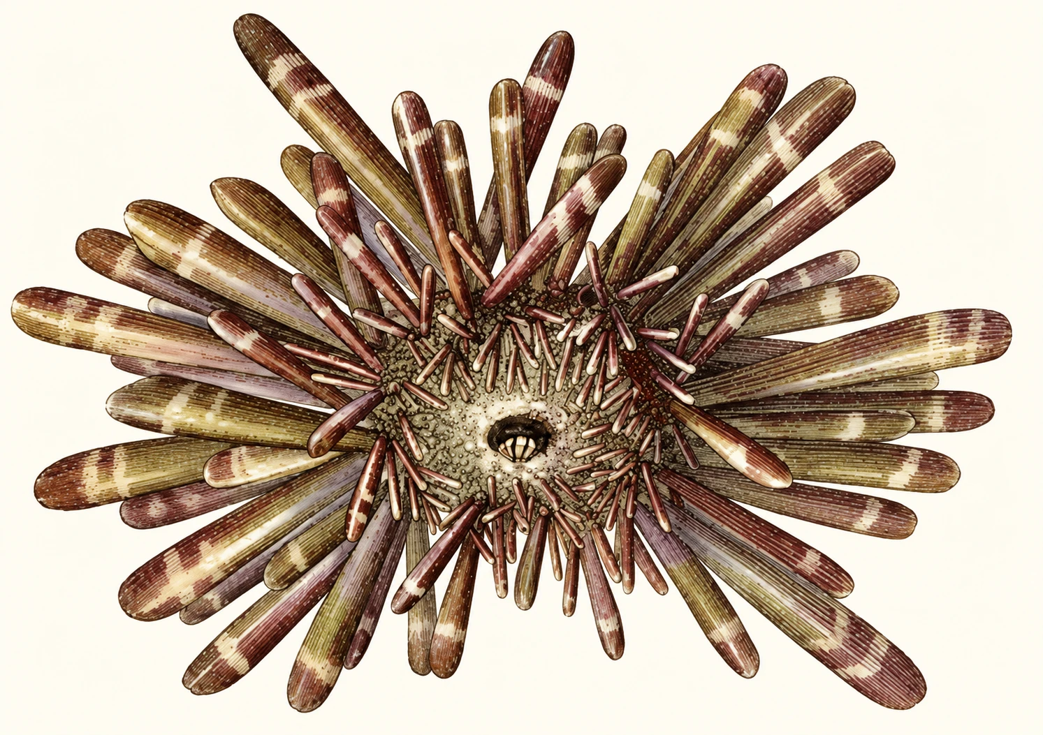 Sea-urchin engraving with stout radiating spines; modern remastered colour.