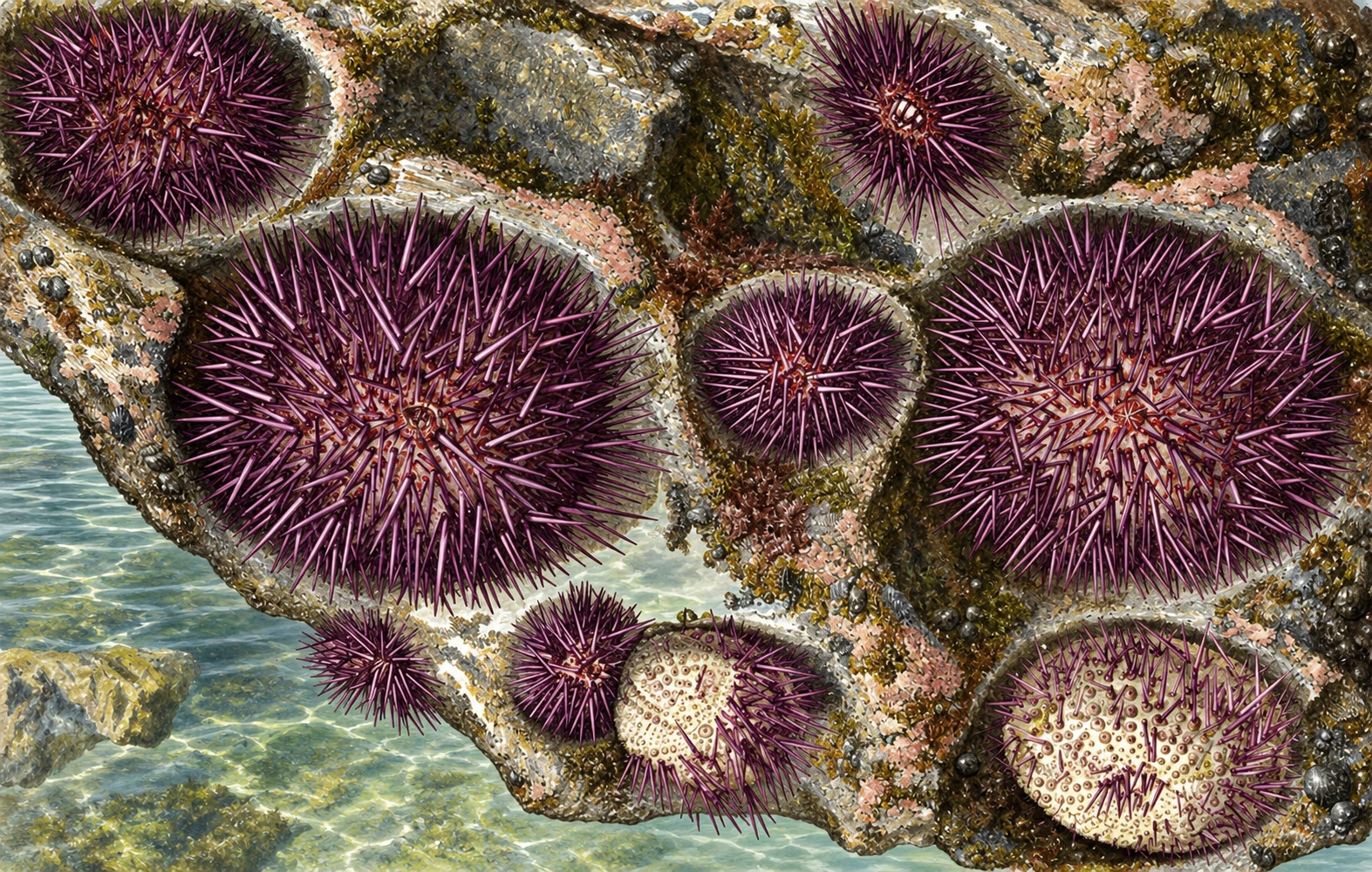 Several sea urchins pictured within hollows in a rocky underwater surface; modern remastered colour.