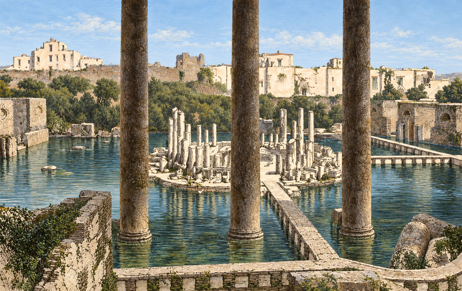 The book’s Temple of Serapis plate accompanies an argument about marine borings in its columns. The marks are presented as evidence of immersion and subsequent elevation. PDF 342–344.
