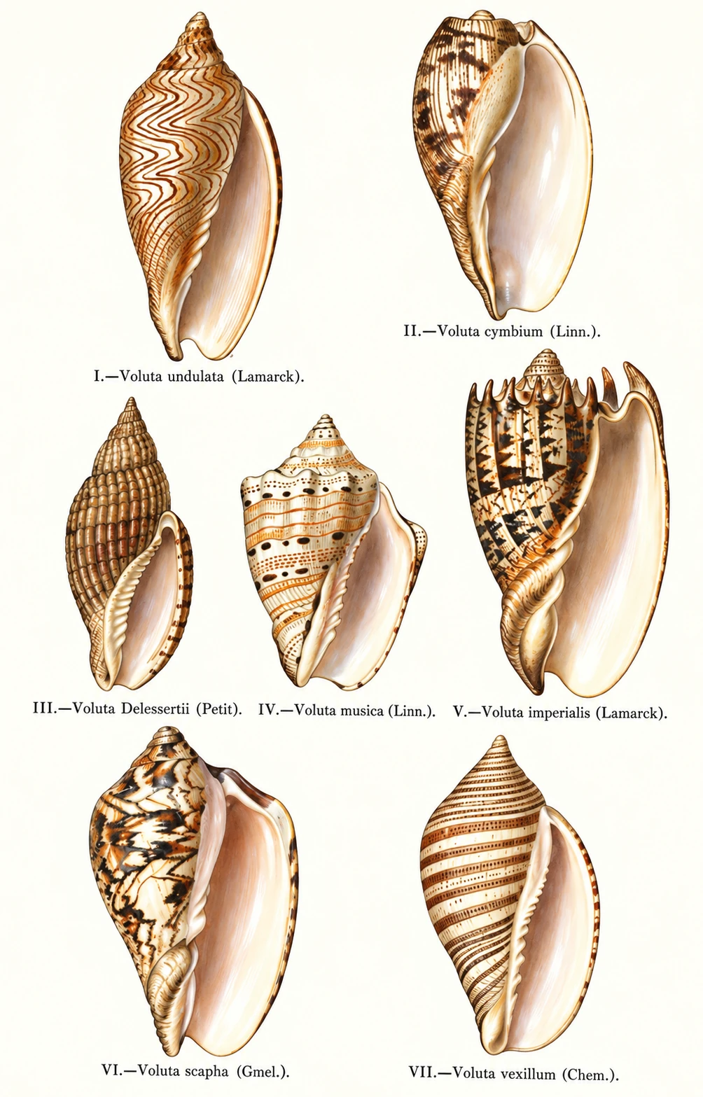 Seven volute shells with differing shapes and surface patterns in Plate XX; modern remastered colour.