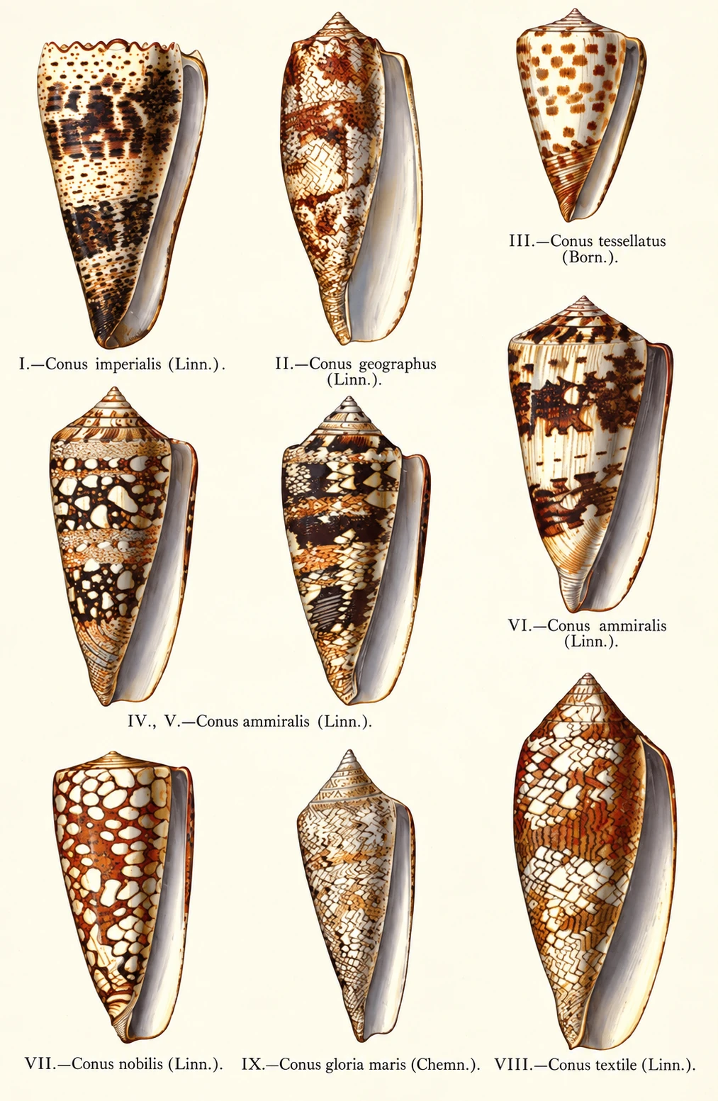 A cabinet plate of cone shells with differing surface markings; modern remastered colour.