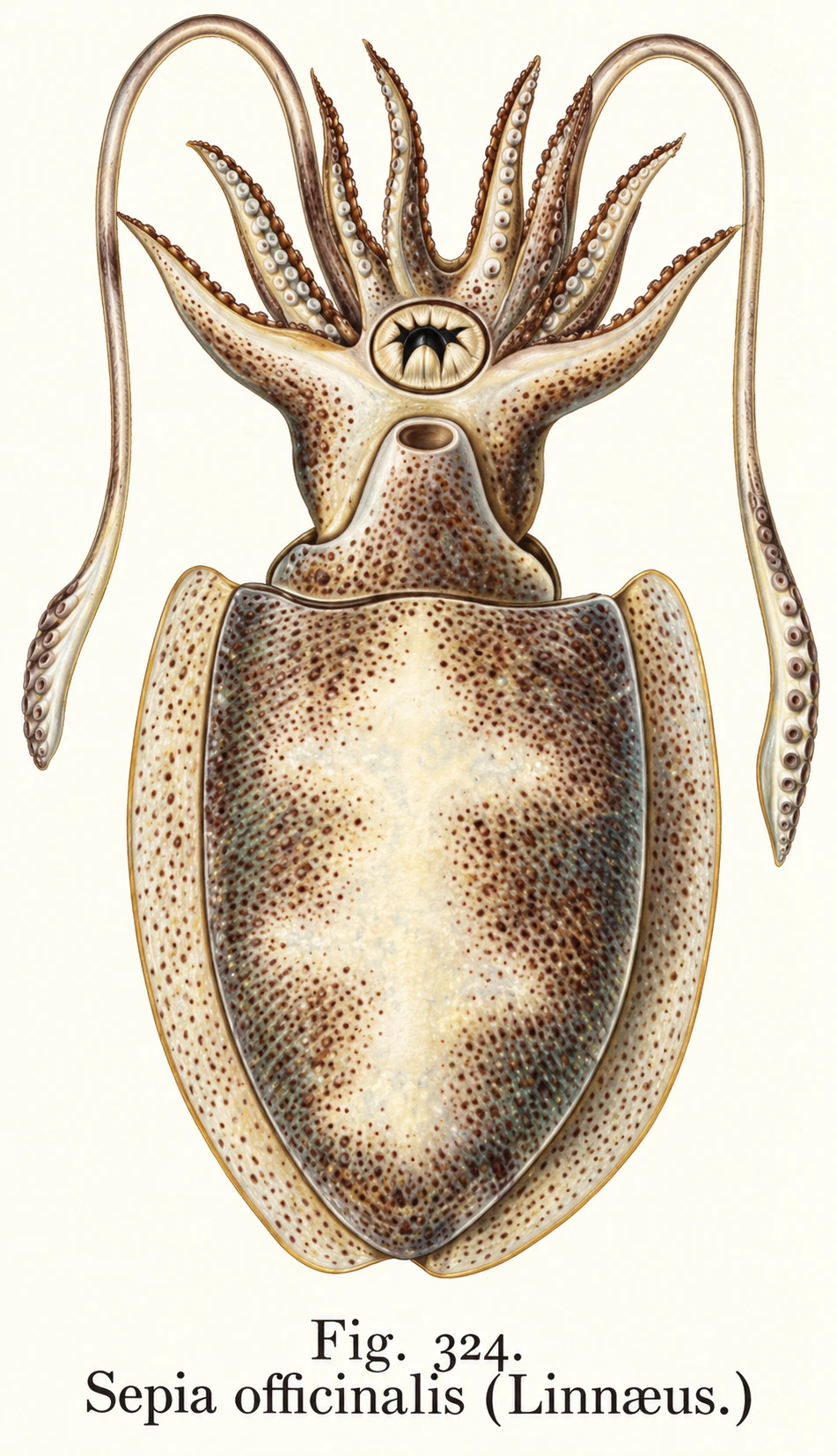 Fig. 324 shows Sepia officinalis. The adjoining passage connects its defensive inky fluid with the pigment used by watercolour painters. PDF 492–493.