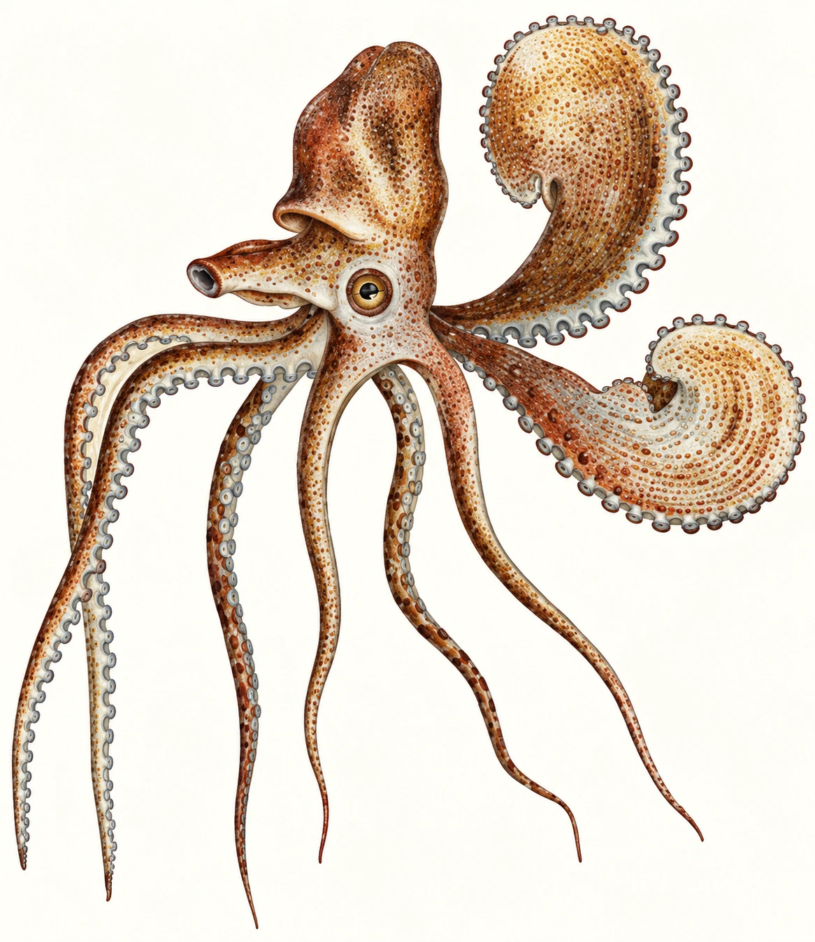 Argonaut engraving with slender arms and two broad expanded arms; modern remastered colour.