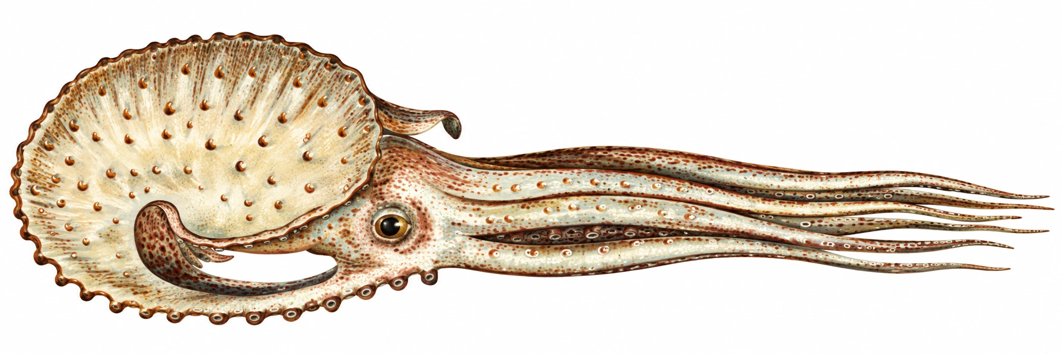 Argonaut pictured with arms extended beside its shell in the book’s swimming view, Fig. 337; modern remastered colour.