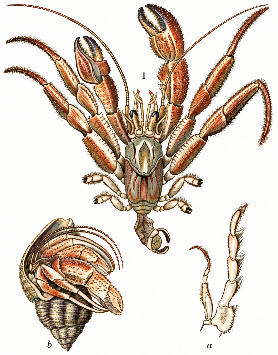 The book pairs the hermit crab outside its shell with a sheltered view. Its soft abdomen makes a borrowed shell useful. The Ocean World, PDF 529–531.