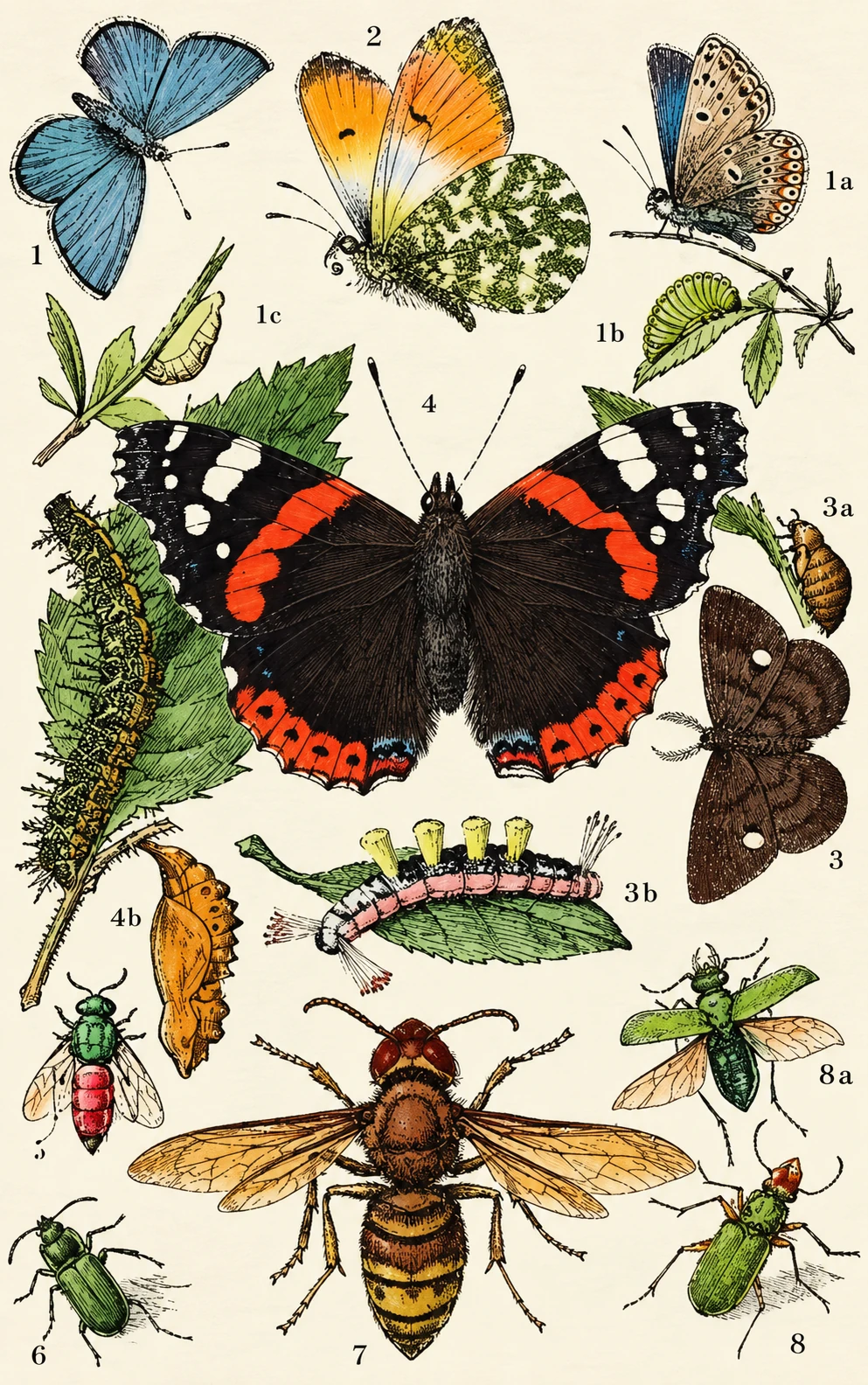 An entomological illustration showing numerous insects and their stages.