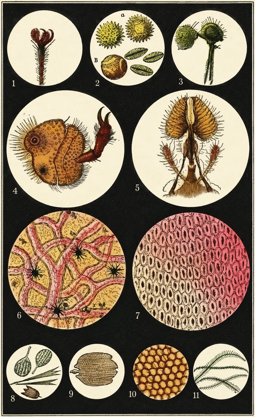 Microscopic life forms in various stages.
