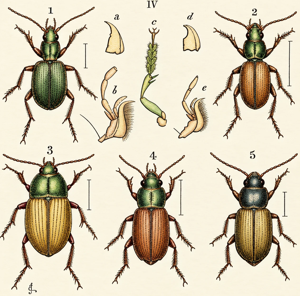 1. Auchomemis dorsalis. 2. Pterostichus madidns. 3. Amara obsoleta. 4. Harjialns reneus. 5. Stenolophus Skrimshiranus. a. Pterostichus, right mandible. 6, Pterostichus, maxillary palpus. c. Harpalus, uuder side of leg. d, Harpalus, right mandible, e. Harpalus, maxillary palpus. chus, maxillary…