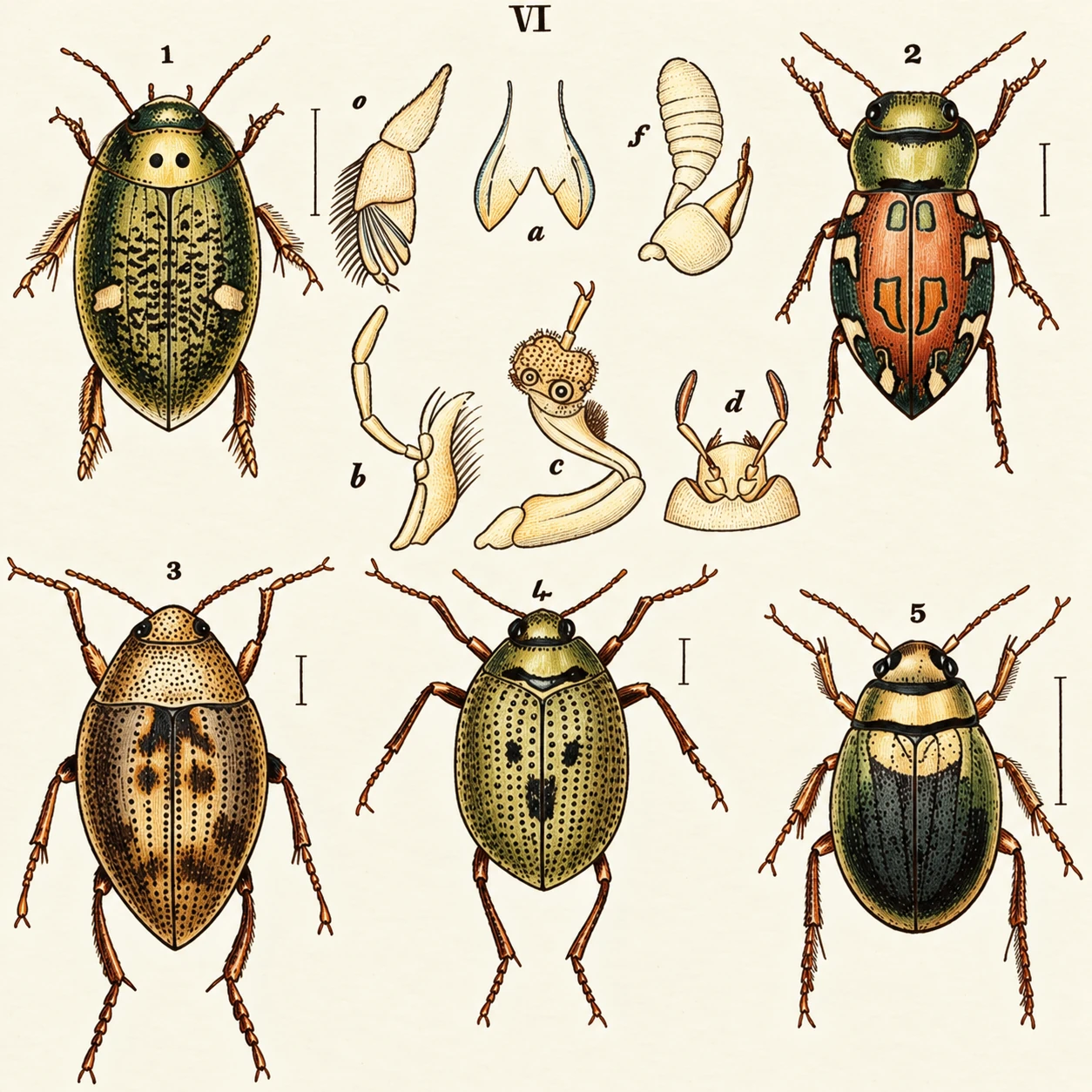 1. Agabna biguttatus. 2. Hydrophilus dnodecim-pustulatus. 3. Ilaliplus vainegatus. 4. Cnemidotus csesus. 5. Pelobius Hermanni. a. Dyticus, process of metastemum. 6. Dyticiis, maxillary palpus. c. Dyticus, anterior leg of male. d. Dyticus, labial palpi, e. Gyrinus, posterior leg. /. Gyrinus, antenna.