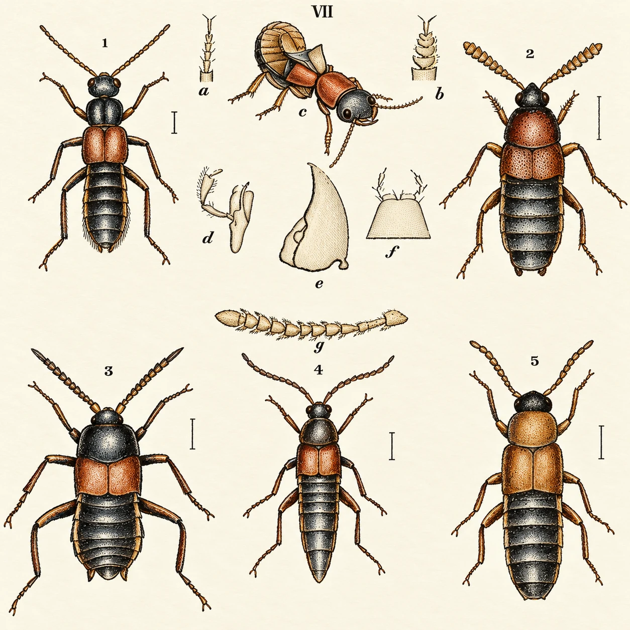 1. Falagria milcata. 2. Aleochara fusoipes. 3. Atemelcs emnrginatns. 4. O.xypoda luteipennis. 5. Homalota bruimea. a. Staphylimis, anterior tarsus of female, nndilated. 6. Staphylimis, anterior tarsus of male, dilated, c. Staphylinus, closing its wings with e.K-tremity of its taU. d. Falagria…