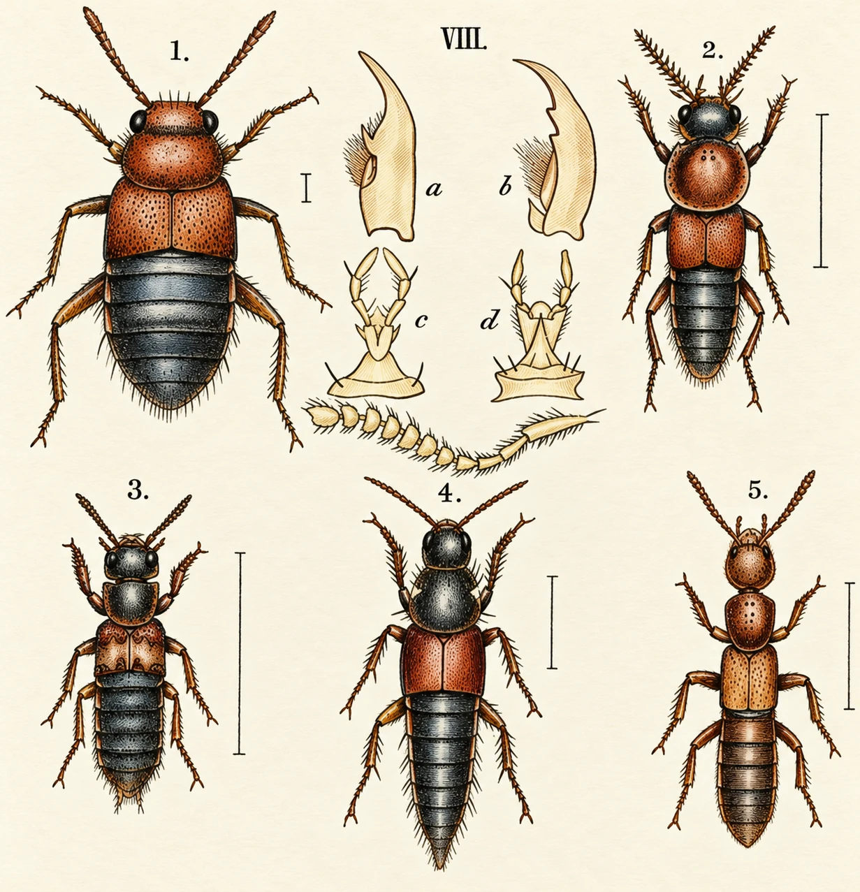 1. Gyrophffina gentilis. 2. Quedius dilatatus. 3. Creophilns maxillosus. 4. Pliilonthos