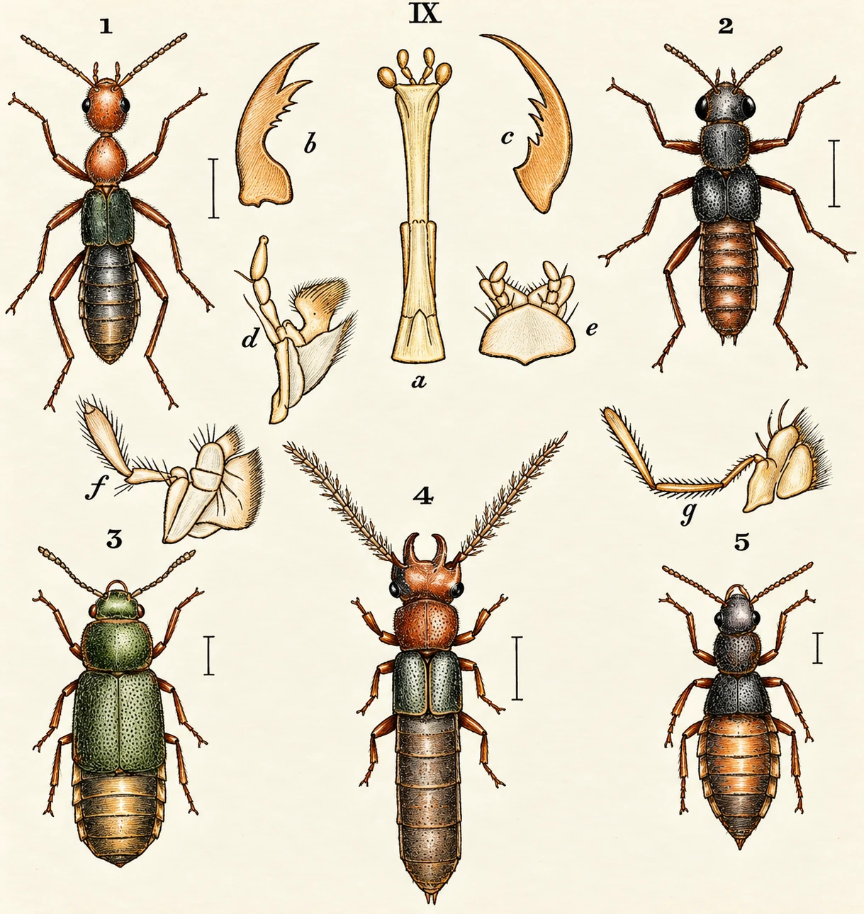 1 StilicusfragiUs. 2. Stenus bhnaoulatus. 8. OmaUum florale. ^ Prognatha ^e. «. Stenus, Ugula. » left mand^ qnadrl-