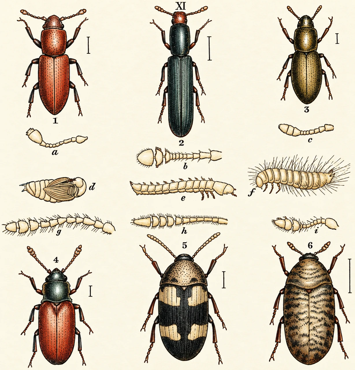 1 nhi70T)haeus ferrufnneus. 2. Colydium elongatum. 3. Anommatns dnodecim-striatTA etophagus quadripustulato. 6. Dermestcs munn^ 1 nhi70T)haeus ferrufnneus. 2. Colydium elongatum. 3. 4 Cry^toS JS. 6. Mycetophagus quadripustulato. 6. Dermestcs munn^ a Spha^, anemia. 6. Colydium, antenna. c. Anommato…