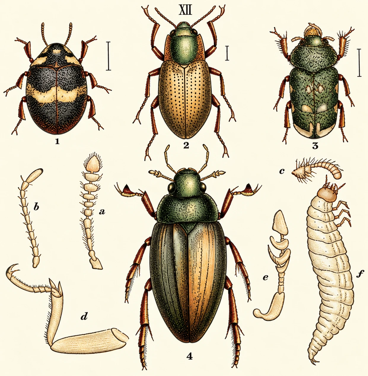 1. Byrrhus fasciatus. 2. Elmis luneus. 3. Heterocems flcxuosus. 4. lmis. antenna. c. Het^rus, antenn 1. Byrrhus fasciatus. 2. Elmis luneus. 3. Heterocems male. a. Byrrhus, antenna. 6. Elmis. antenna. c. Het^rus, antenna. d.Hjdrous, fore leg of female. e. Hydrous, antenna of male. /. Hydriius, larva.…