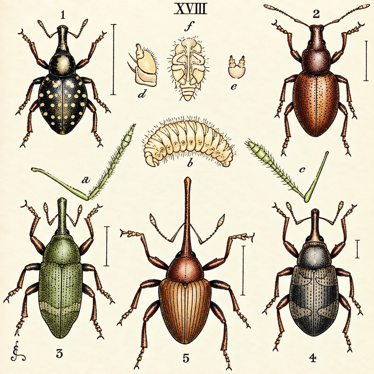 1. Molytes germamig. 2. Otiorhynchus plcipea. 3 Pissodes iiini a 4 onorum. 5. Balaninus nurum ^ v ^issoaea pmi. 4. An s germamig. 2. Otiorhynchu Ponorum. 5. Balaninus nurum ^ lcipea. v Pissodes iiini a 4 ^issoaea pmi. 4. Anthonomns