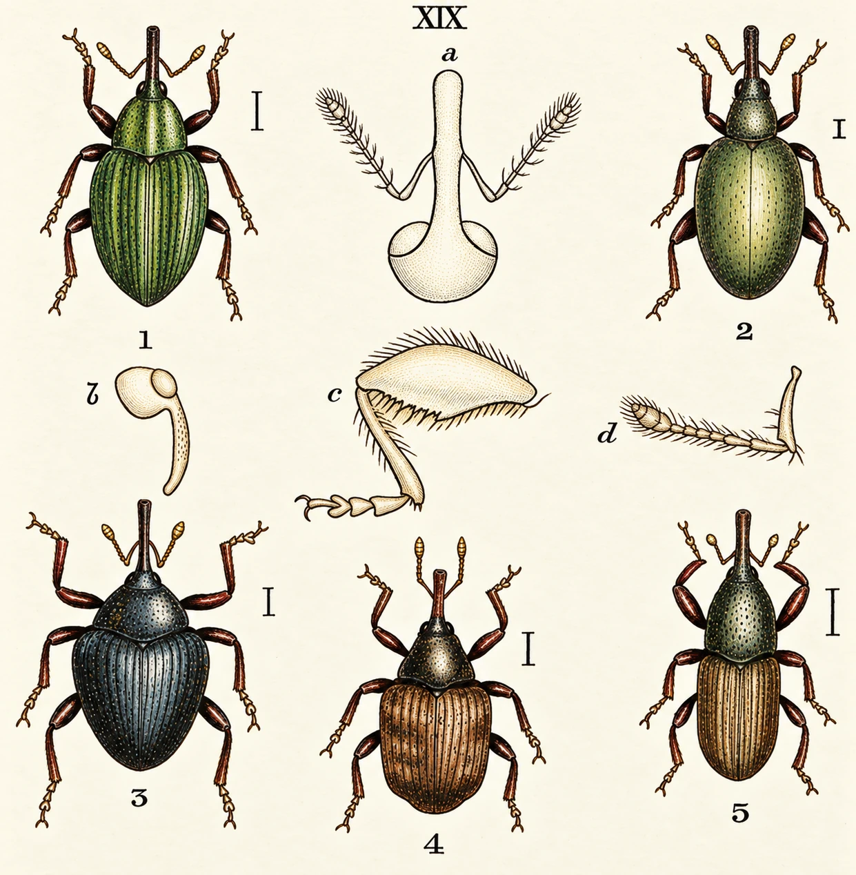 1. Tychiug venustua. 2. Orchestes fagi. Sitophilua oryzns. a. Coelio g venustua. 2. Orchestes fagi 6. Sitophilua oryzns. a. Coeliodes, head. <i. Orchestes, antenna. lua oryzns. <i. Orchestes, antenna.