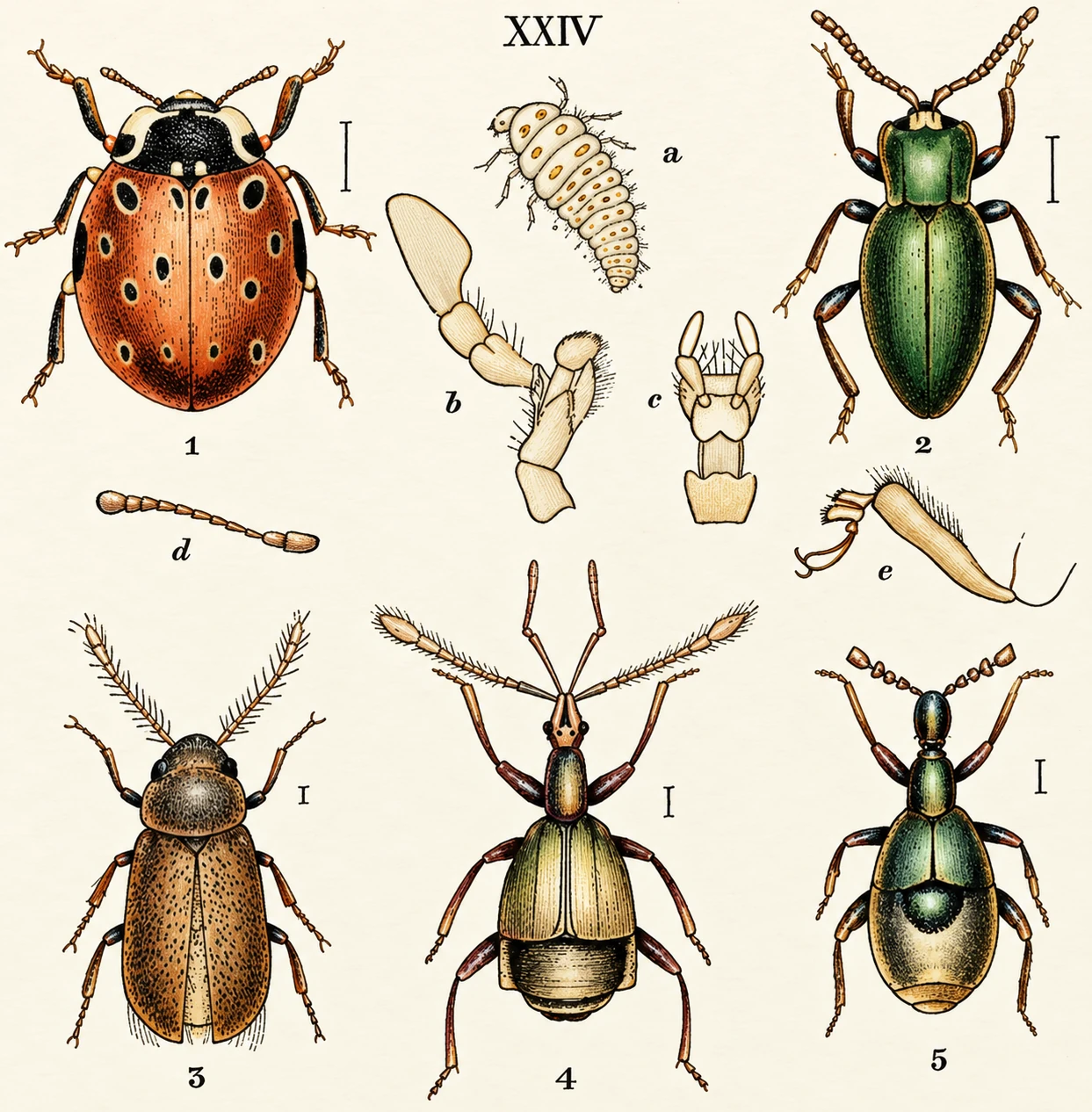 1. Coccinella ooellata. 2. Lycoperdina bovist®. 3. Trichopteryx atomaria. 4. Pselaphus latua. a. Coccinella, larva. b. Coccinella, maxillaiy palpus,