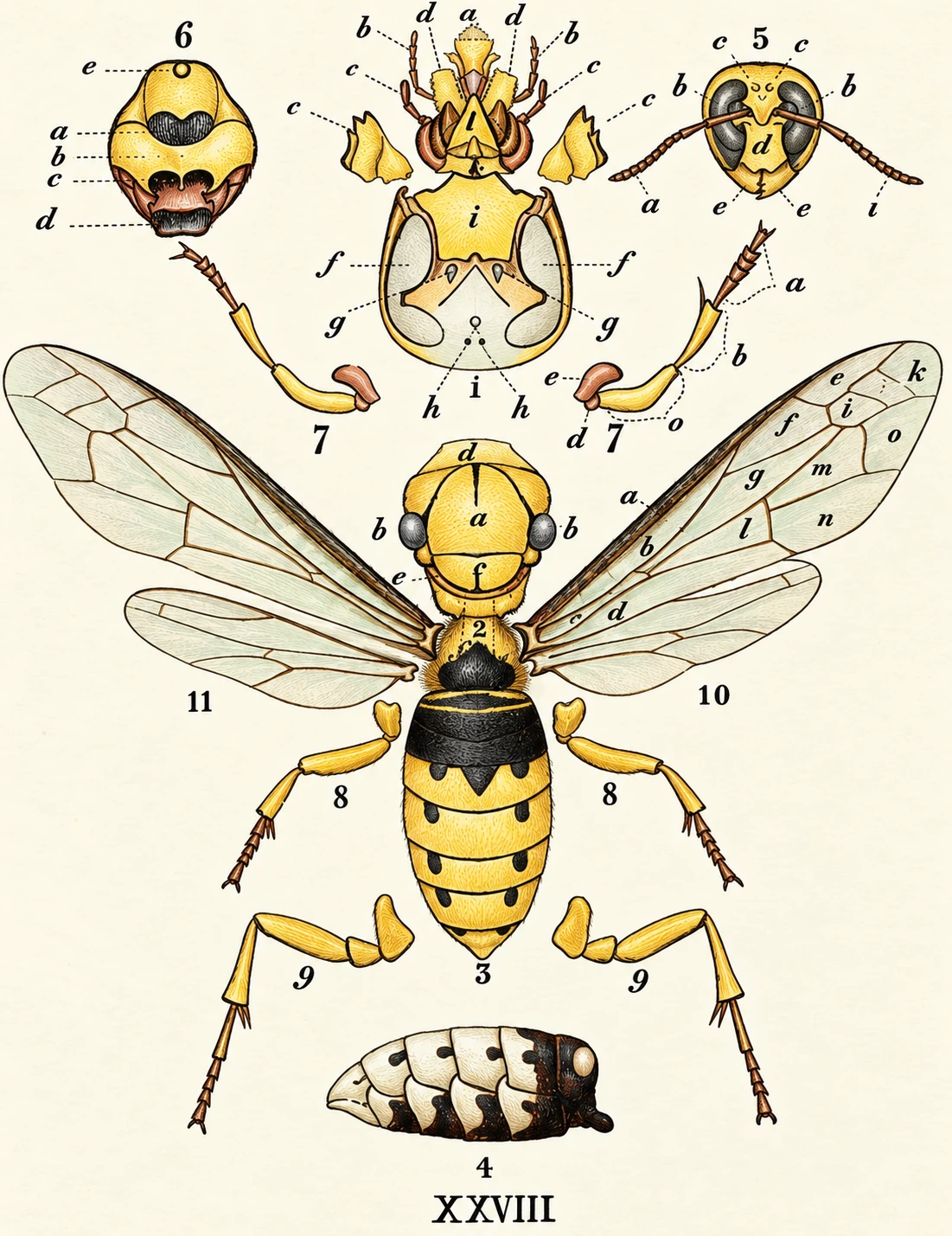 Insects on plants, detailed entomological illustration