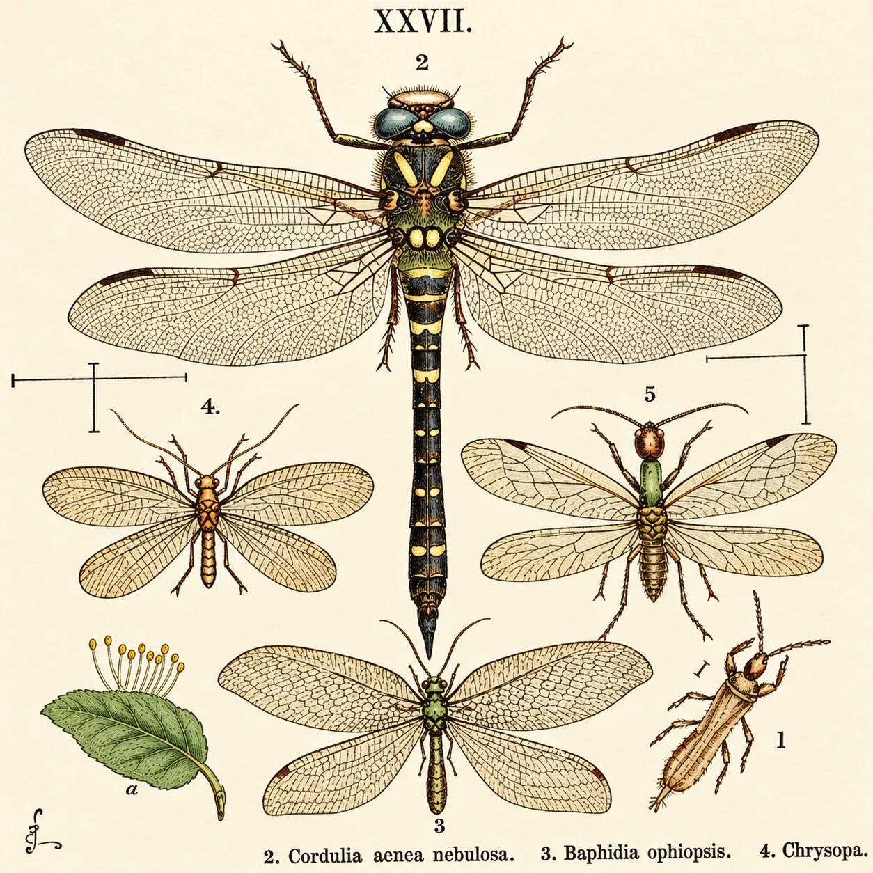 2. Cordulegaster annulatus. 3. Raphidia ophiopsis. i. Chr>-sopa sops. a. Eggs of Chrysopa. 2. Cordulegaster annulatus. sops. a. Eggs of Chrysopa.