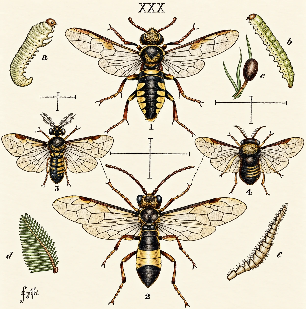 1. Cimbex lutea. 2. Tenthredo zonatus. Cimbex o zonatus. a. Cimbex larva. b. Lophyrus larva. c. e. Do. antenna, female. b. e. Do. antenna, female. 3. Cryptus pallipes. 4. Lophyrus pini. phyrus, cocoon . Lophyrus pini. Lophyrus, cocoon, d. Do.- antenna, male.