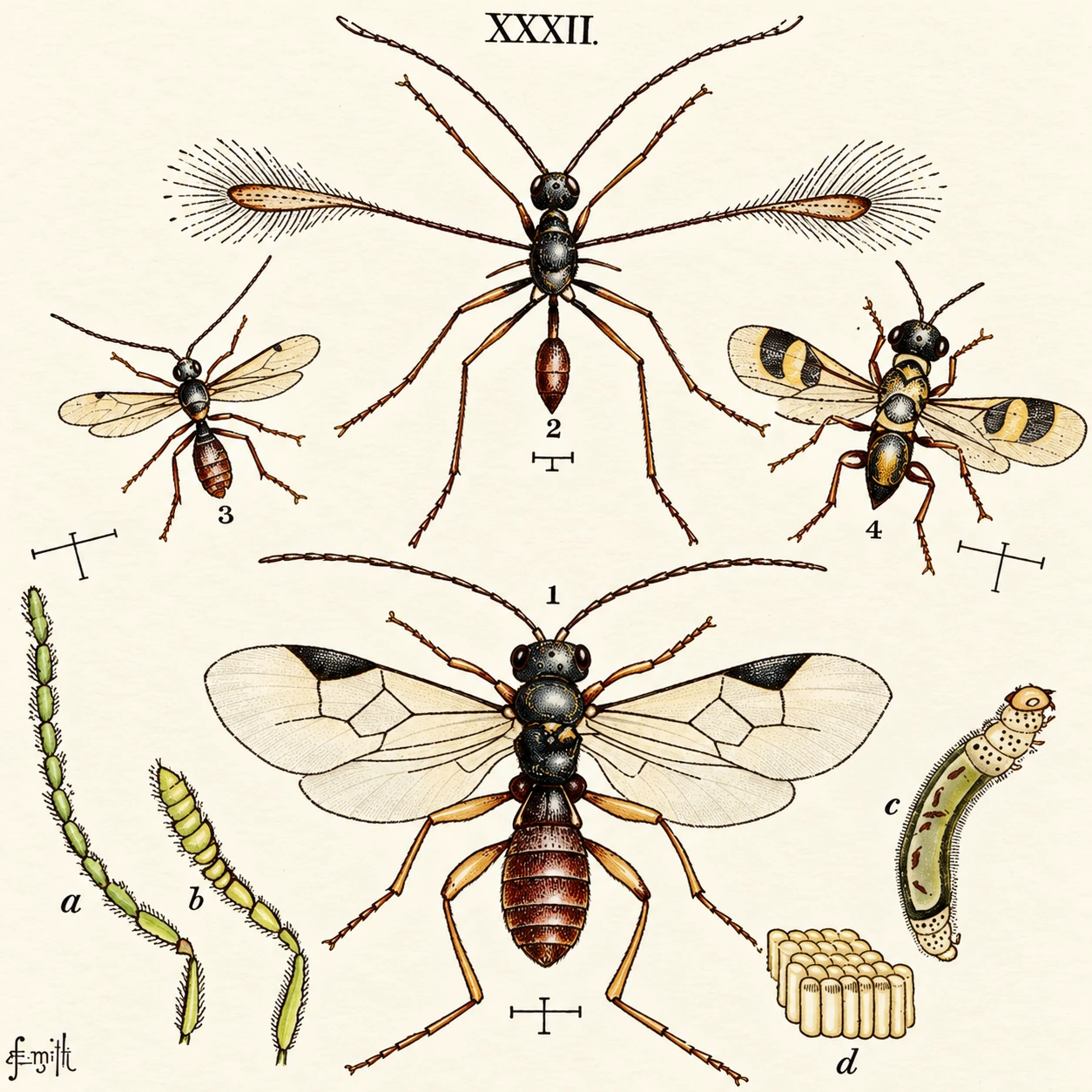 1. Microgaster glomeratns. 2. Mymar pulchellus. 3. Teleas elatior. 4. Cleonymns ma- ulipenuis. a. Teleas, antenna, femal llus. 3. Teleas elatior. 4. Cleonymns ma- culipenuis. a. Teleas, antenna, female. b. Do., antenna, male. c. Microgaster, larva in caterpillar of cabbage-butterfly, d, Microgaster…