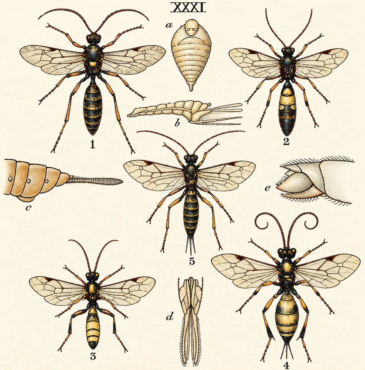 1. Ichneumon proteus. 2. Ichneumon crassorius. 3. Trj-phon rutilator 4 rrvr>(-n« of abdomen. c. Do., dned specimen. rf. Do., seen from beneath. c. Do., abdomen of