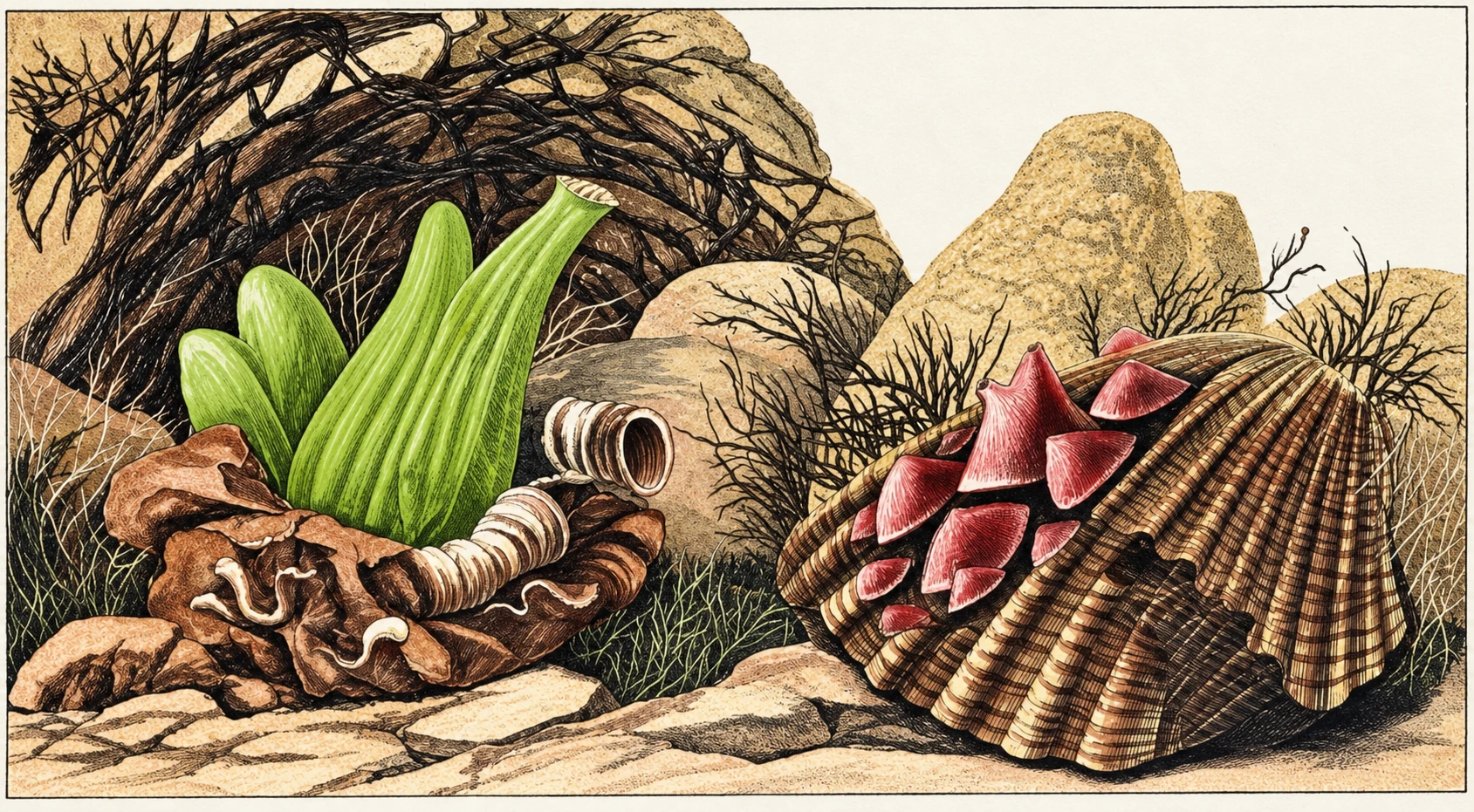 Close-up illustration of a marine shell or fossil