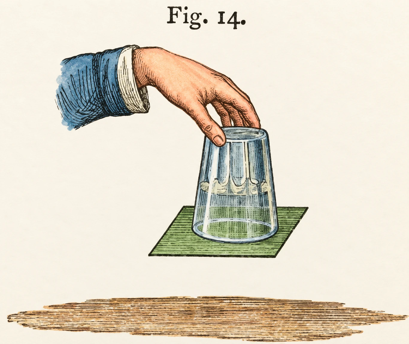 Inverted tumbler of water with card kept against it by atmospheric pressure.