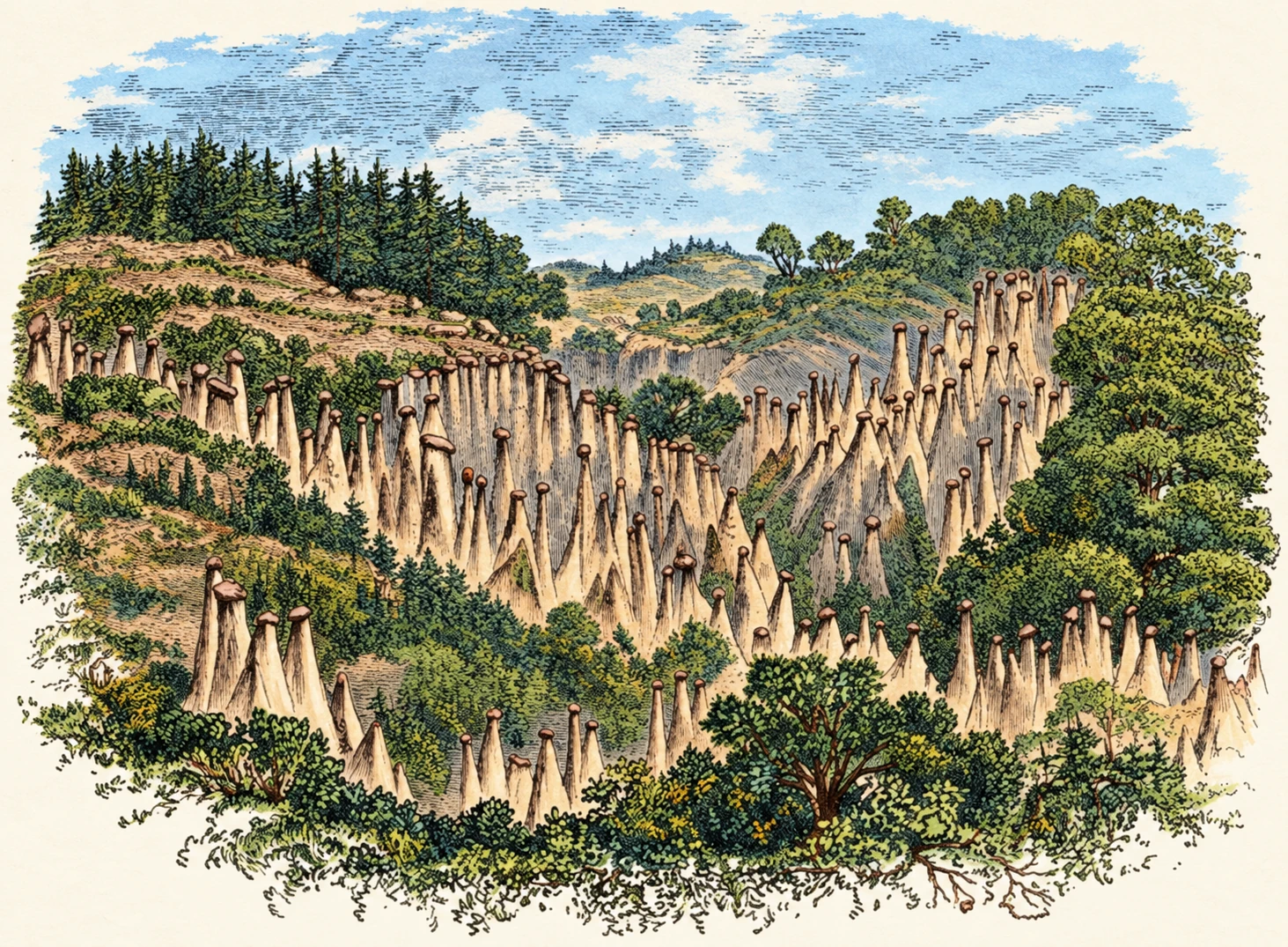 Earth- pillars near Botzen, in the Tycol. (Adapted from Lyell's Principles.')