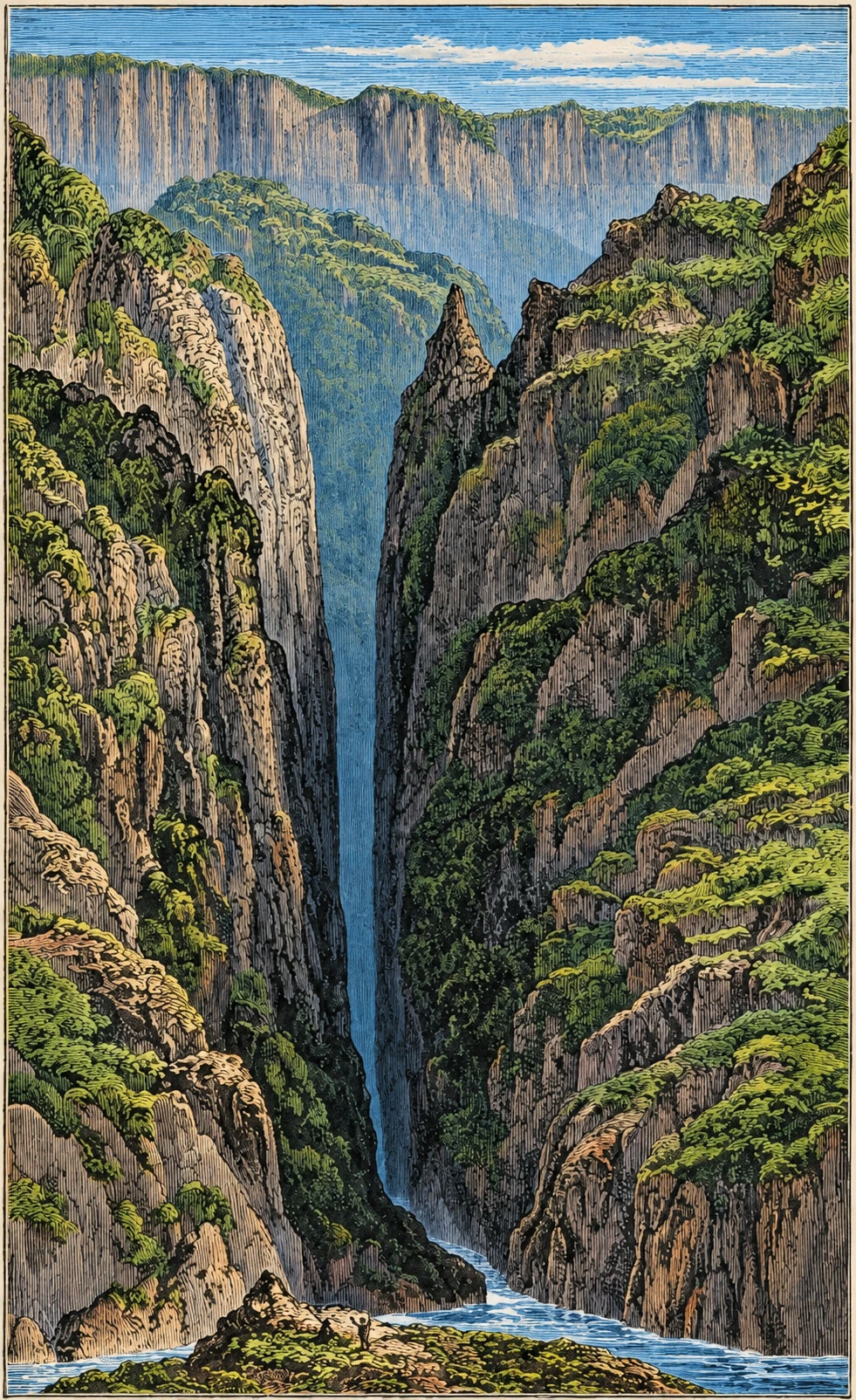 A majestic waterfall flowing between cliffs