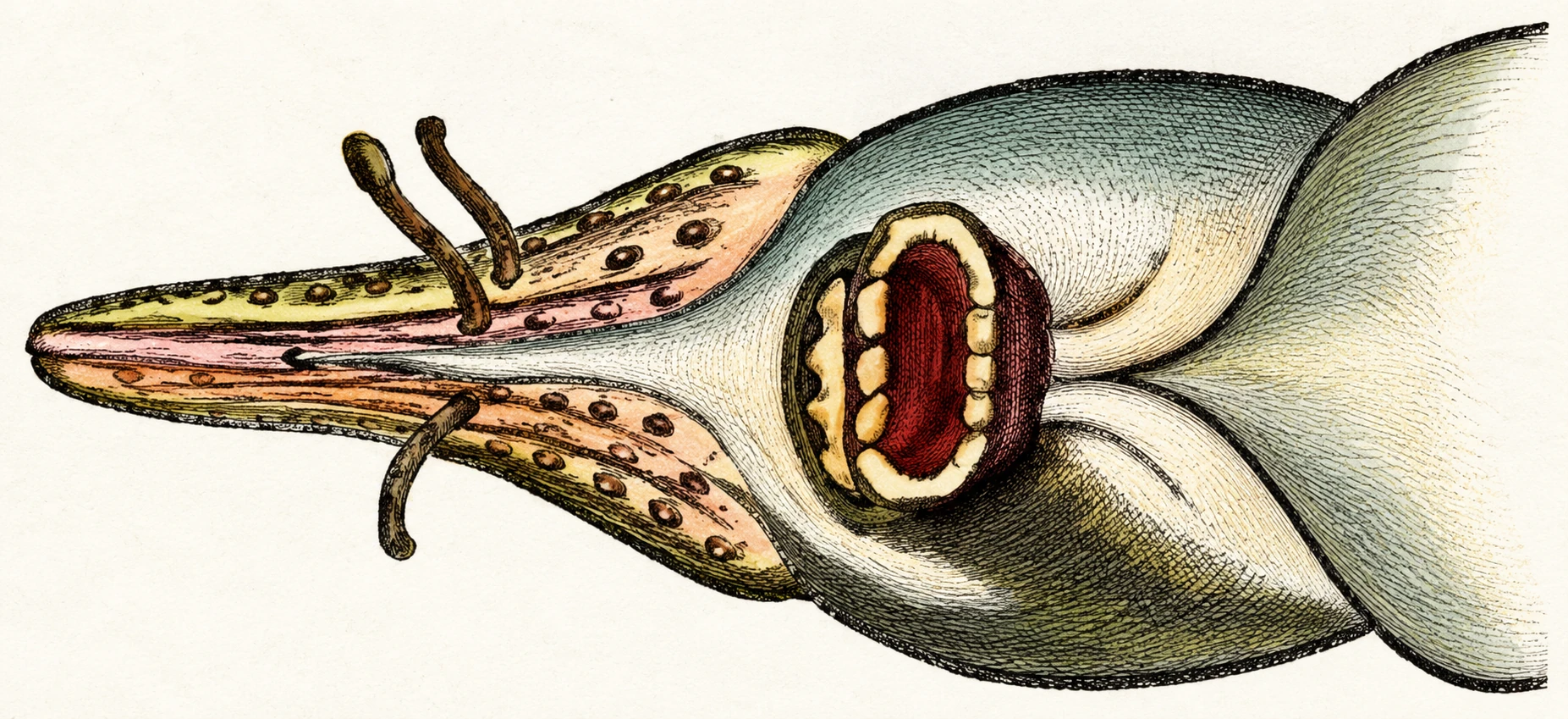 The Sturgeon's head seen from below, showing the tube-like mouth and the four barbels or feelers.