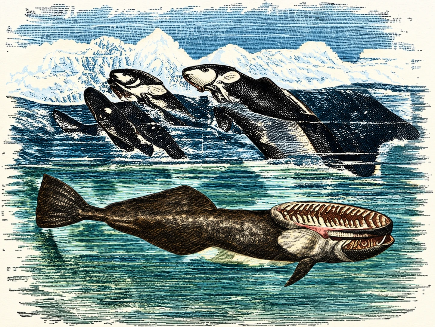 Remoras clinging by their sucking-disk to the under part of a shark. (Adaptedfrom Brehm.)