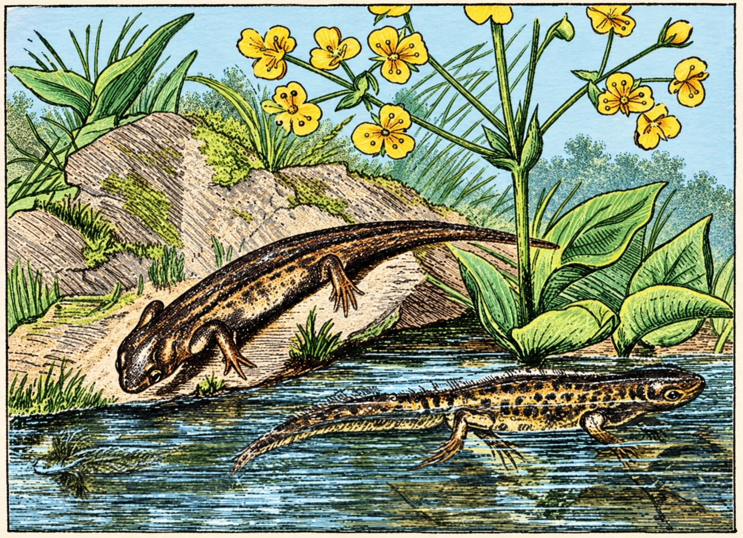 The Common Smooth Newt — —male and young in the water ; female on the bank.