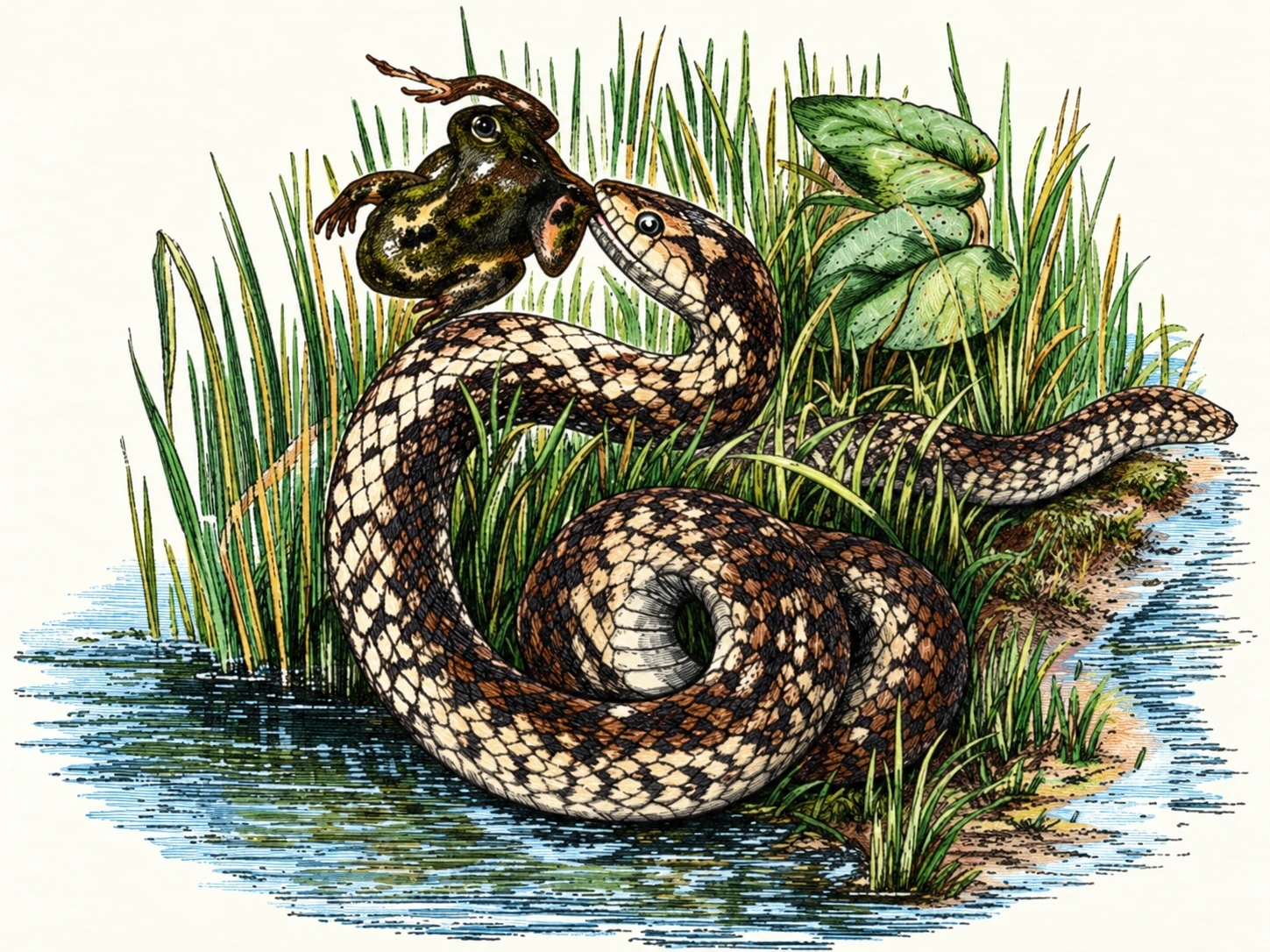 Common Ringed Snake. Where the body is coiled the single under plates are seen.