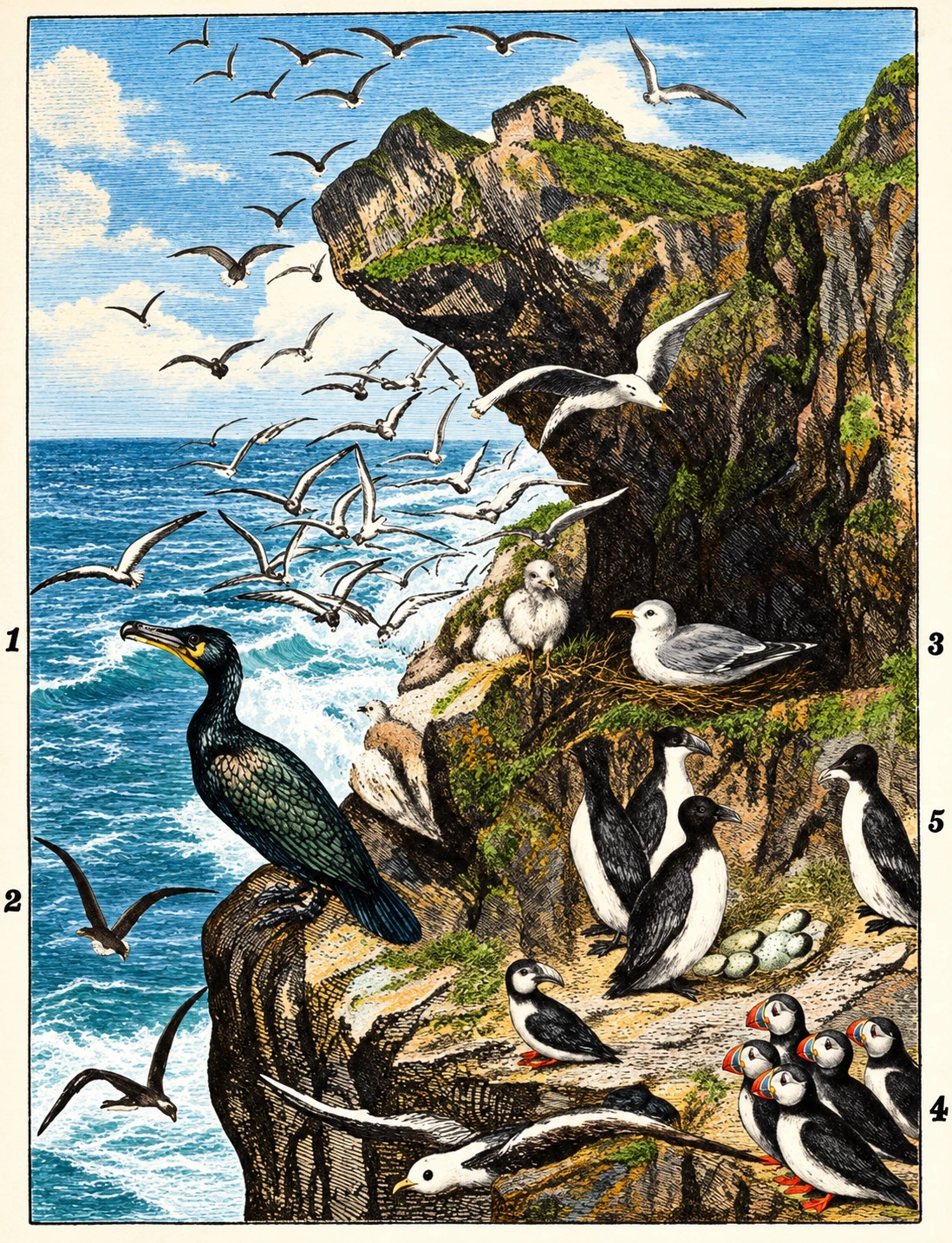 A Group of Sea-Birds. I. Cormorant. ^. Black-winged Tern. 3. Gulls. 4. Puffins. 5. Guillemots.