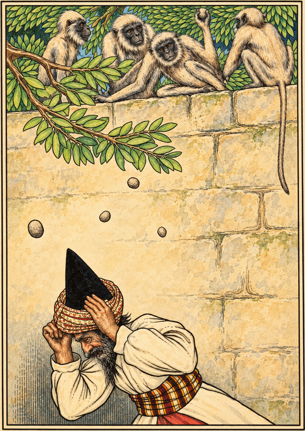 Two monkeys grooming each other.